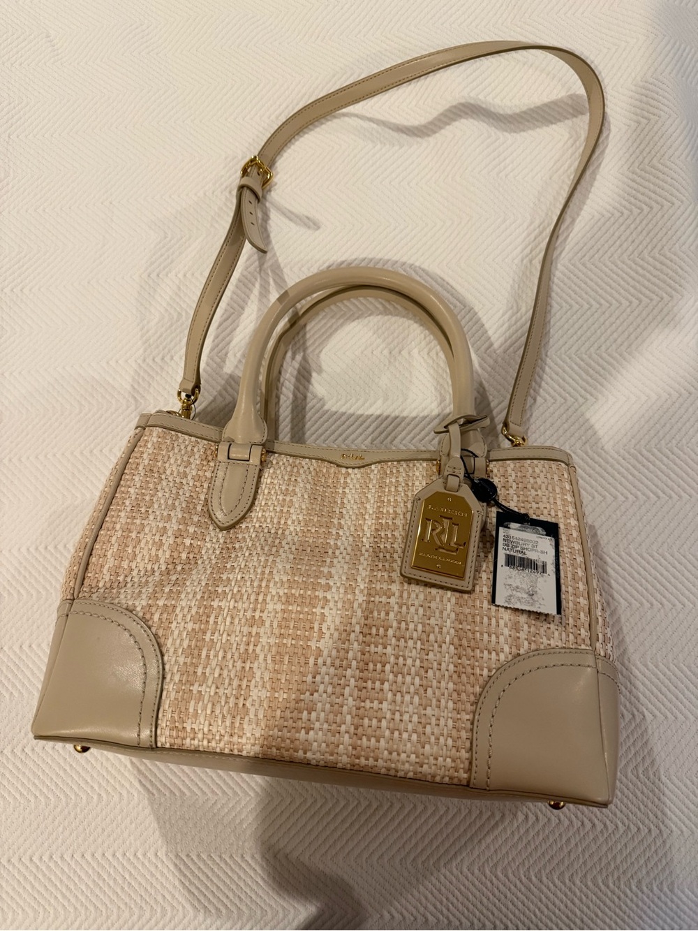 NWT Ralph Lauren Beige Woven Top Handle Tote, Crossbody strap, Gold & Leather